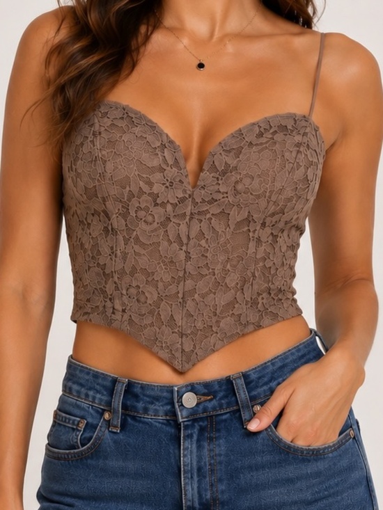 Revamped Tops - Revamped Crop Top Womens Size Small Tan Lace Y2L Boho Clubwear Hippie